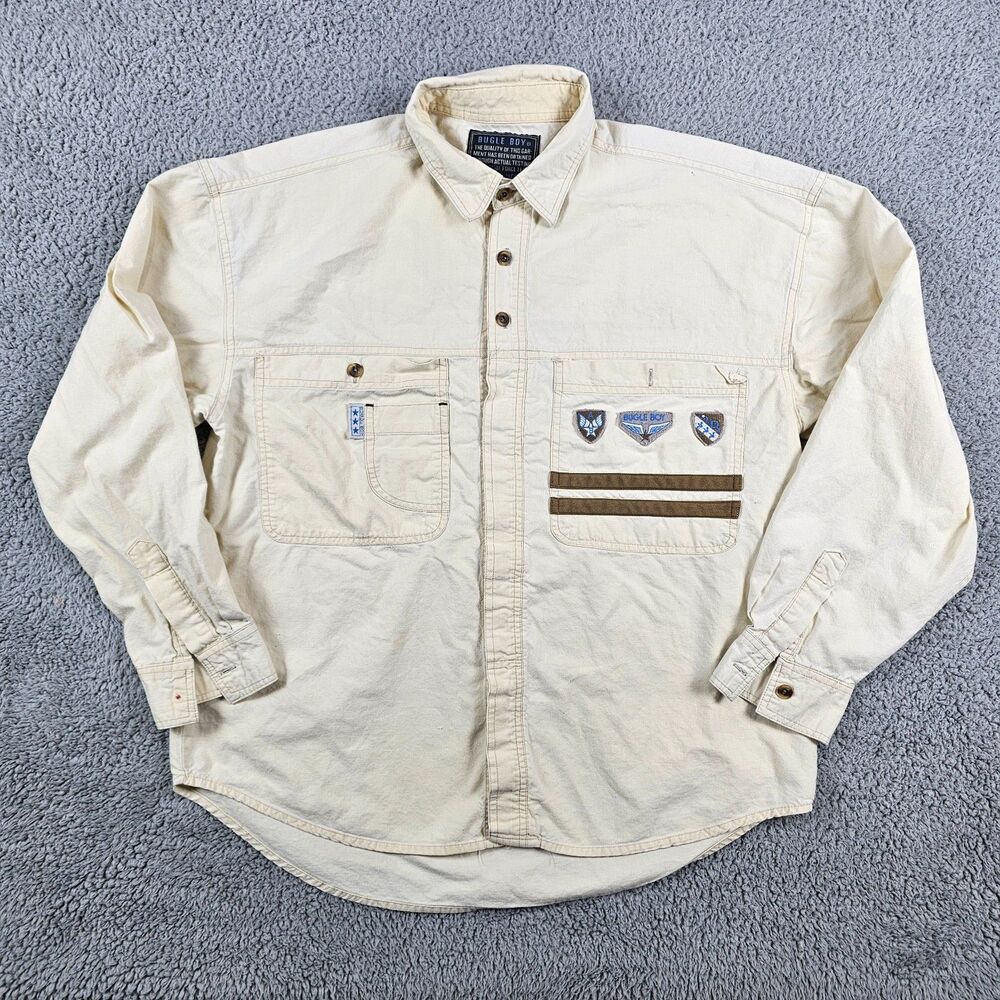 Vintage Bugle Boy Shirt Mens Medium Yellow Ivory Button Up Pockets 90s Casual